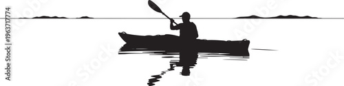 Silhouette of a person kayaking on calm water with distant islands, representing adventure, recreation, and peaceful exploration.