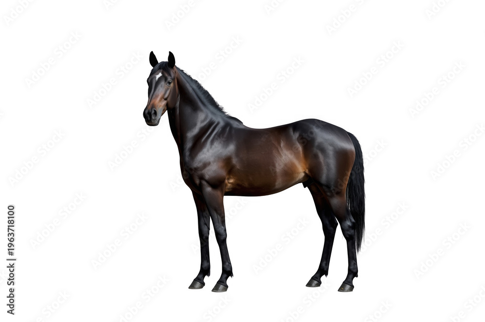 Obraz premium Bay horse standing in profile on a transparent background