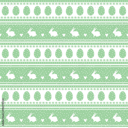 Easter Striped Pattern with Easter Bunnies, Eggs, Flowers, Hearts. Seamless Holiday Trendy Background. Happy Easter Geometric Design. Vector in Green White