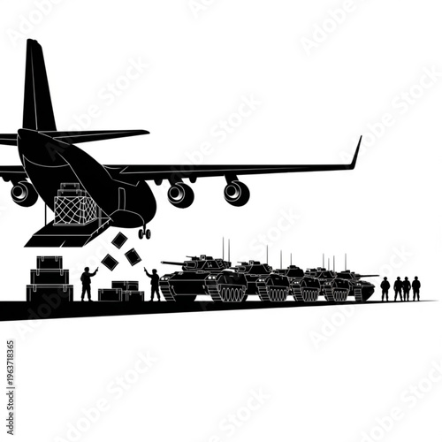 Military logistics operation with a cargo plane unloading tanks and supplies, with soldiers and vehicles lined up for transport.