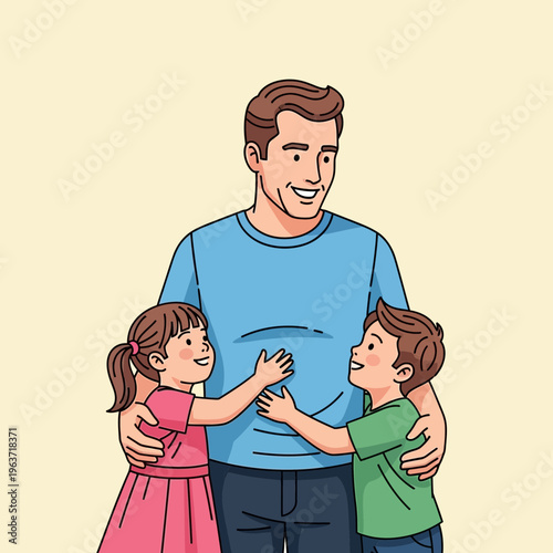 A cartoon illustration of a happy father with two children.