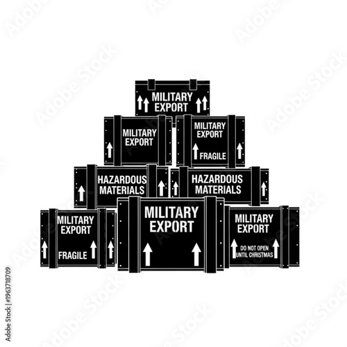 A black silhouette illustration depicting a stack of various wooden crates labeled "military export" and "hazardous materials," emphasizing global defense logistics and regulated shipping.