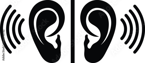 Abstract silhouette of two human ears with sound wave signals representing hearing aid technology, audio processing, and acoustic sense perception.