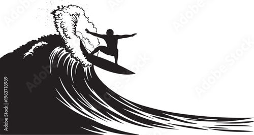 Dynamic black and white silhouette of a surfer riding a powerful wave, capturing the thrill of extreme sports and ocean adventure.