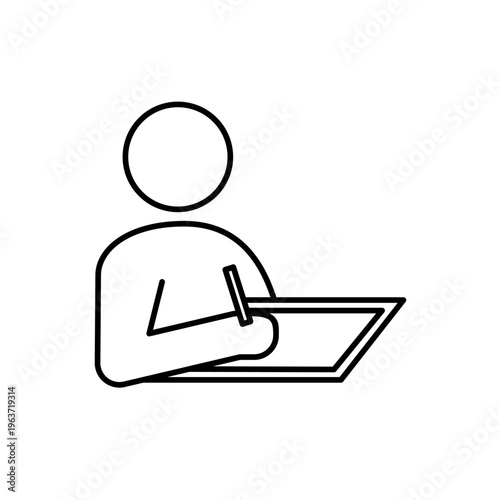 ボードに紙をのせて何かを書いている人の線画アイコン