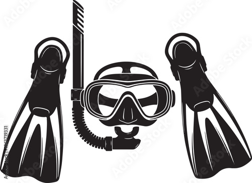 Snorkeling gear, including a mask, snorkel, and fins, presented as a black silhouette, ready for underwater exploration and adventure.