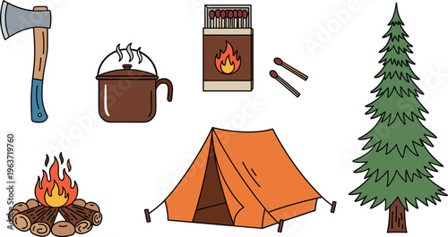 Camping Adventure Icon Set Featuring Axe, Tent, Campfire, Matches, Coffee, and Pine Tree for Outdoor and Nature Designs