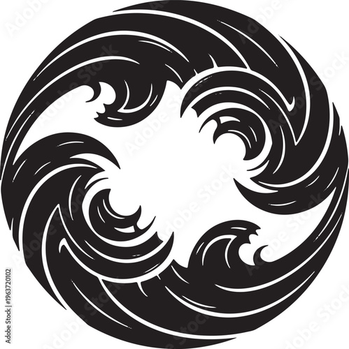Abstract swirling ocean wave pattern in a circular shape, black and white artistic vector illustration representing water, power, and movement.