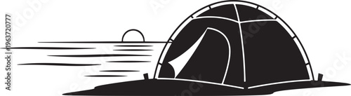 Tent silhouette pitched on a beach at sunset, with calm water and a fading sun, conveying a sense of peaceful camping and solitude.