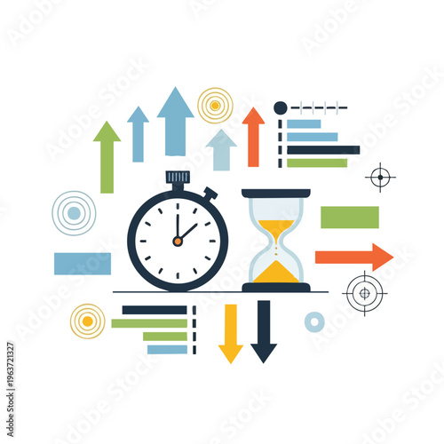A colorful icon pack featuring a stopwatch, hourglass, and arrows for an education theme vector. Perfect for educational materials, presentations, and infographics