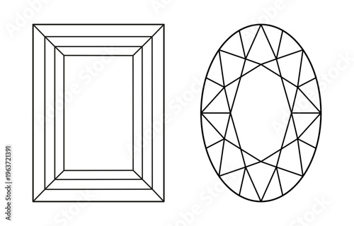 Oval, Baguette diamond cut shape icon isolated on white background. Diamond top view. Brilliant oval, Baguette cut. Precious gemstone outline icon for jewellery design, branding, packaging, logo, app.