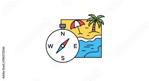 a colorful cartoon compass on a beach with a palm tree and umbrella beach scene compass navigation d