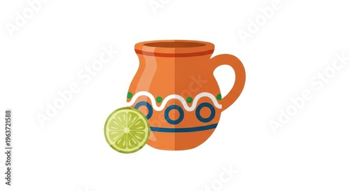 A vibrant orange clay mug with a handle and a slice of lime beside it on a plain white background wi
