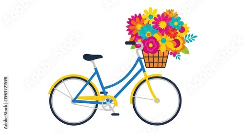 a colorful bicycle with a basket full of flowers on a white background with blue and yellow tones an