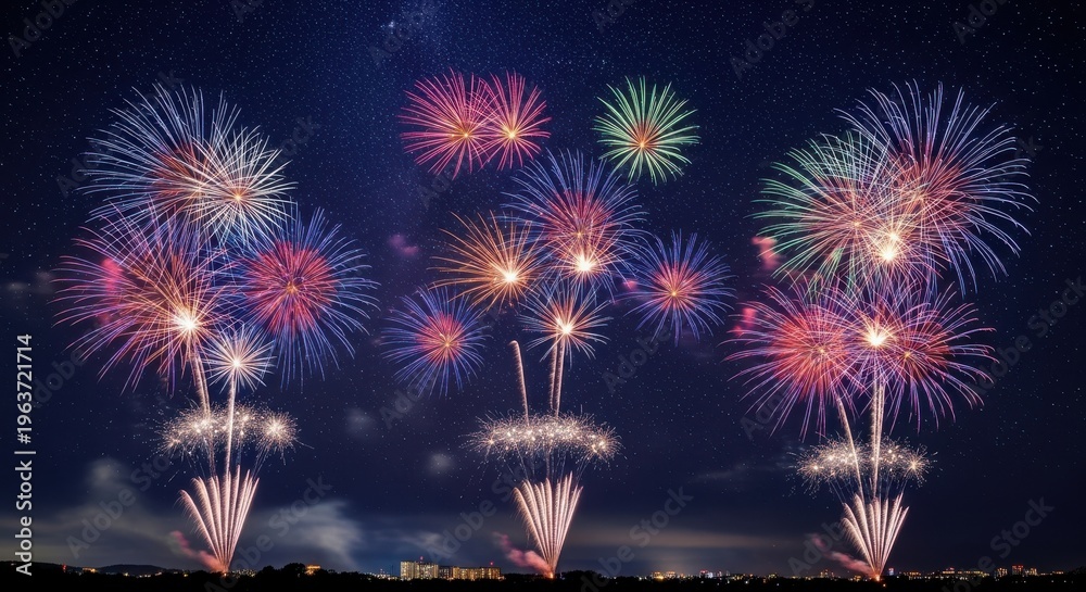 Fototapeta premium vibrant fireworks display in the night sky with colorful explosions of light and smoke trails visibl