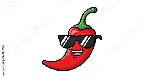 a red chili pepper wearing sunglasses on a white background with a smiling face funny food spicy pep