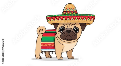 A cartoon pug dog wearing a sombrero and serape standing on white background looking cute and festiv