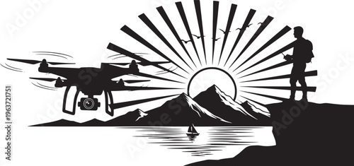 Black and white illustration of a drone flying over a serene lake with mountains and a radiant sun, a person observing from a cliff.