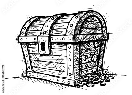 sketch of a closed wooden pirate treasure chest with gold coins