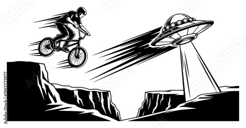 BMX cyclist jumping over canyon with ufo flying saucer in background