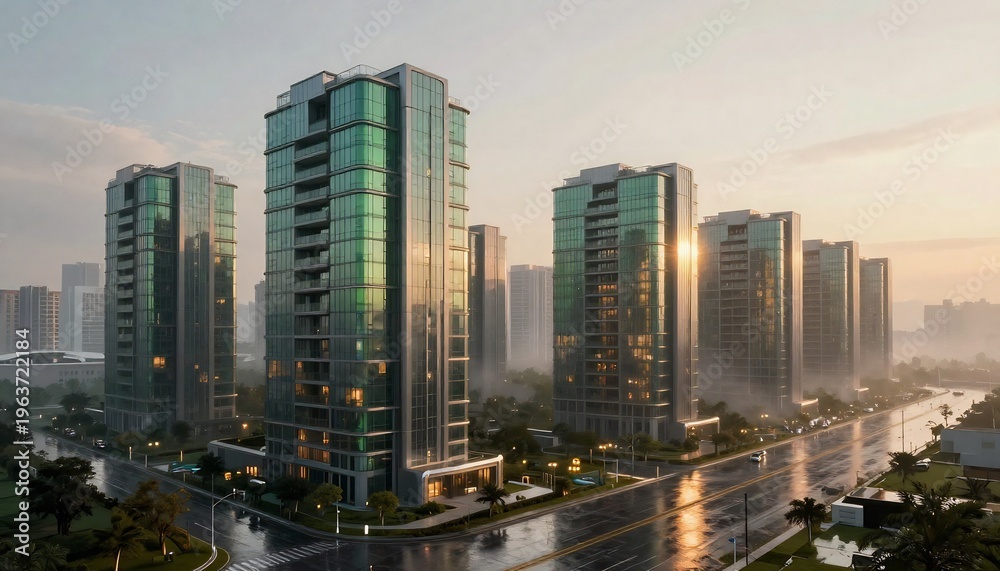 Fototapeta premium Modern glass buildings in an urban setting at sunset with warm light reflections shimmering across streets and facades.