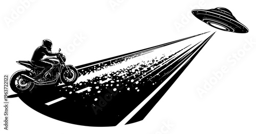 Motorcyclist riding on asphalt road transforming into alien spaceship tractor beam light