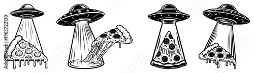 Funny alien spaceship ufo abducting delicious pepperoni pizza slice with melting cheese