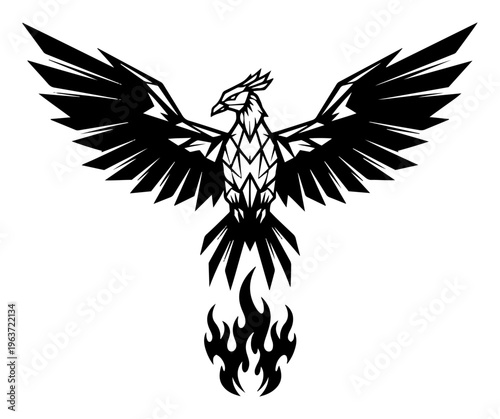 Geometric phoenix bird rising from fire flames with spread wings