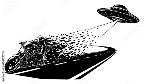 motorcycle rider speeding away with disintegration effect and ufo