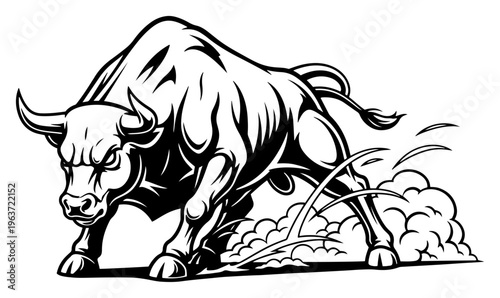 Angry bull charging forward creating dust clouds vector illustration