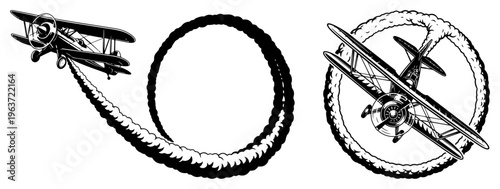 Vintage biplane performing aerobatic smoke loop vector illustration