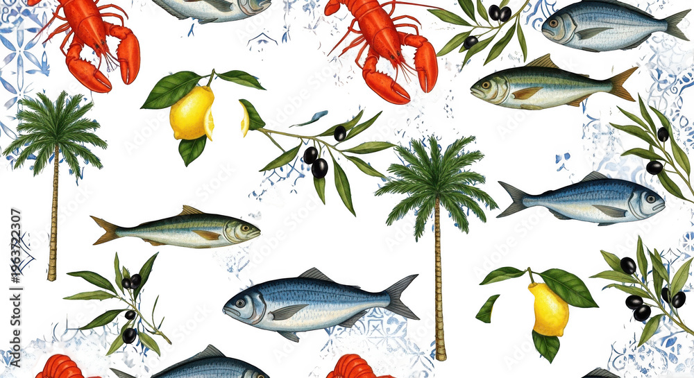 Obraz premium Seafood and tropical elements pattern isolated on transparent background