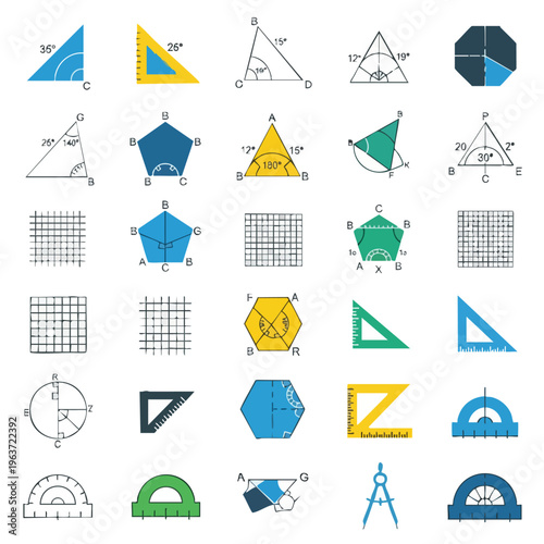 A collection of colorful geometric shapes and icons in various colors and grid patterns, presented on a white background. Perfect for education materials, icon packs, and vector graphics