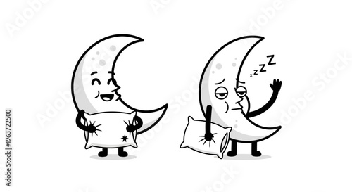 Cute Cartoon Moon Characters Holding Pillows in Happy and Sleepy Poses.