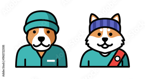 Cartoon Dog and Fox Wearing Medical Uniforms in Hospital Setting.