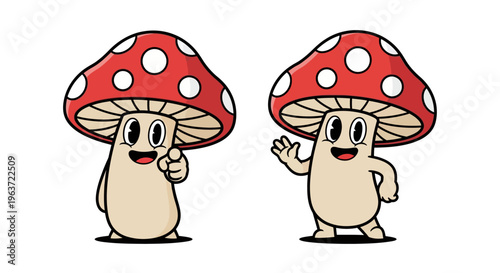 Cute Cartoon Mushrooms Giving Thumbs Up and Waving Greeting.