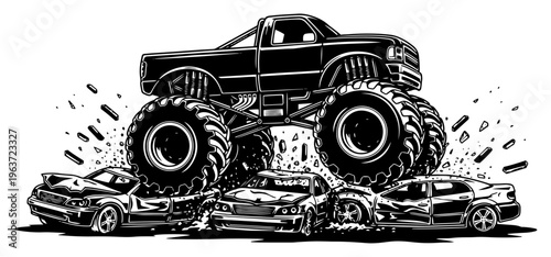 Monochrome vector illustration of a massive monster truck crushing cars beneath its giant tires