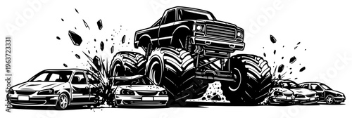 Dynamic vector illustration of a monster truck driving over and smashing cars with flying debris