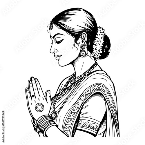 beautiful indian woman praying in namaste gesture wearing traditional sari and jewelry in engraving style