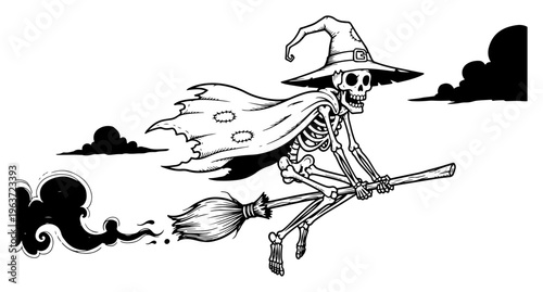 Skeleton witch character flying on a broomstick with a tattered cape and hat
