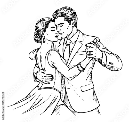 Elegant couple dancing a romantic waltz in formal wear sketch