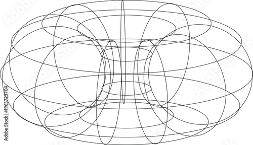 Complex torus wireframe mesh with overlapping circular lines representing mathematical doughnut shape