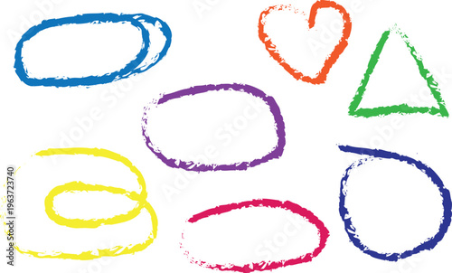 Set of colorful hand drawn chalk circle and shape frames on transparent background for design elements