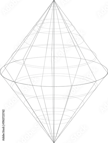 Technical wireframe octahedron diamond shape with internal geometric lines and circular segments