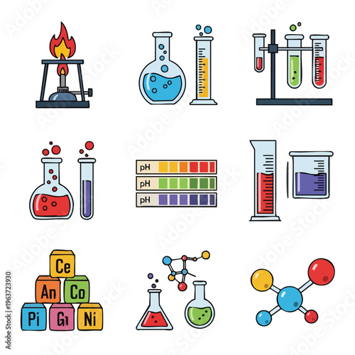 A colorful icon pack of education theme vector illustrations depicting laboratory equipment and chemistry symbols. Great for educational materials, science presentations, and academic