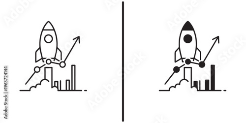 A rocket ship blasts off into the sky with increasing growth charts