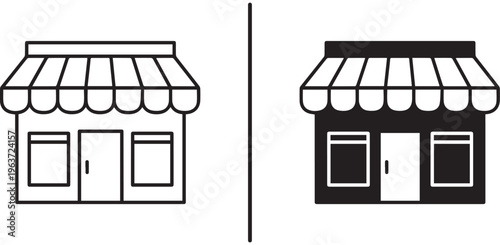 A simple line drawing of two storefronts with awnings