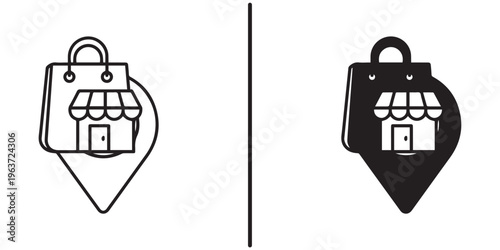 A simple black and white illustration of a shopping bag with a store icon