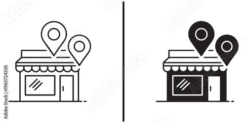 A simple line drawing of two storefronts with location pins