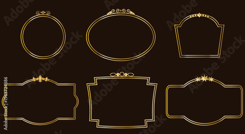 Golden borders collection with gold elements, stars, lilies, curls, patterns